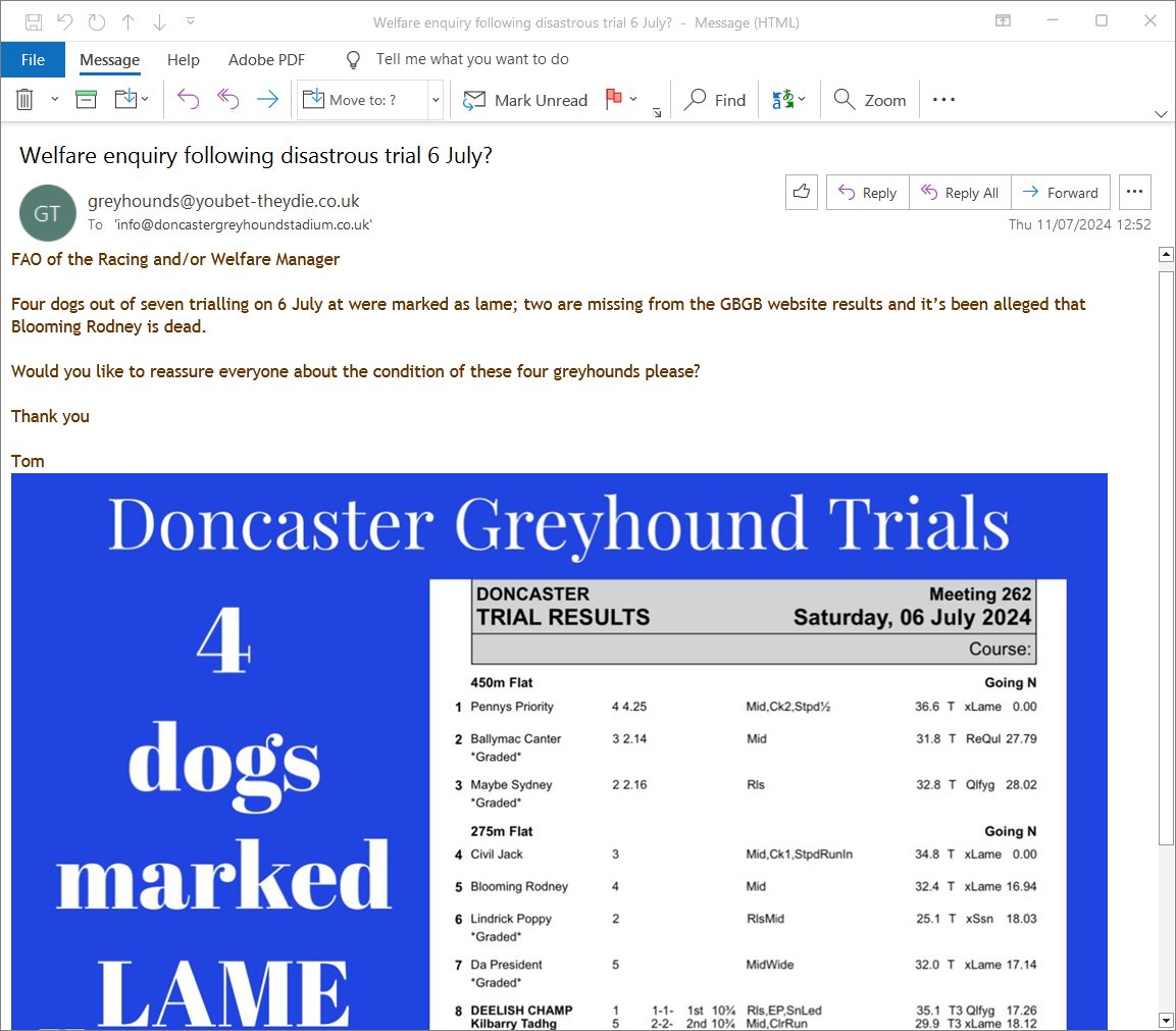No reply yet from <a href="/donnydogs/">Doncaster Greyhounds</a> who've blocked me. So EVERYONE please RT &amp; ask them about the fate of these 4 greyhounds!
The <a href="/greyhoundboard/">GBGB</a> claim "welfare is paramount" but it's a self-regulated industry with no public accountability.
#YouBetTheyDie #FactNotFiction #Doncaster