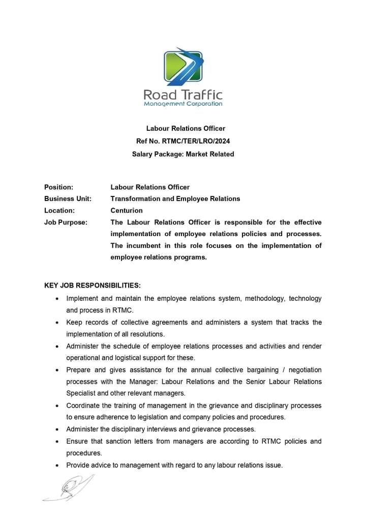 RMakukuli's tweet photo. Road Traffic Management Corporation 

📌Administration Officer
📌Labour Relations Officer

Closing Date 19 July 2024

Email your CV and letter of application to corporateservicesrecruit@rtmc.co.za https://t.co/OooH1IbmFO