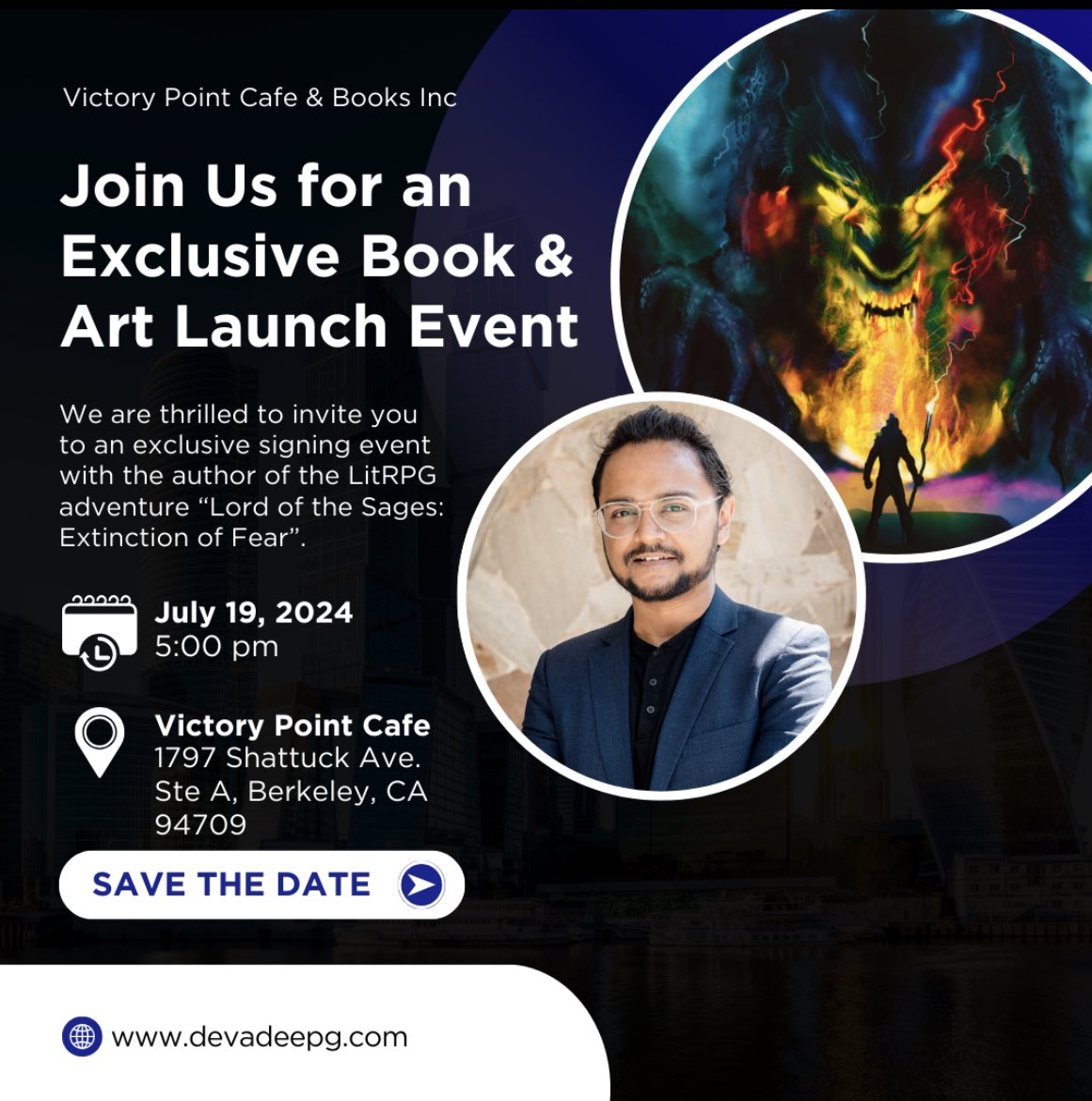 DevadeepGupta31's tweet photo. In case any of you are around in the California Bay Area next Friday, join me for a book + art launch event at Victory Point Cafe in Berkeley! 📖🎨🖌️ #bookevent #litrpg #gamelit #booklaunch #artexhibition #berkeley #cafe https://t.co/7hch3giyHr