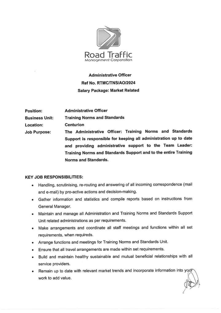 RMakukuli's tweet photo. Road Traffic Management Corporation 

📌Administration Officer
📌Labour Relations Officer

Closing Date 19 July 2024

Email your CV and letter of application to corporateservicesrecruit@rtmc.co.za https://t.co/OooH1IbmFO