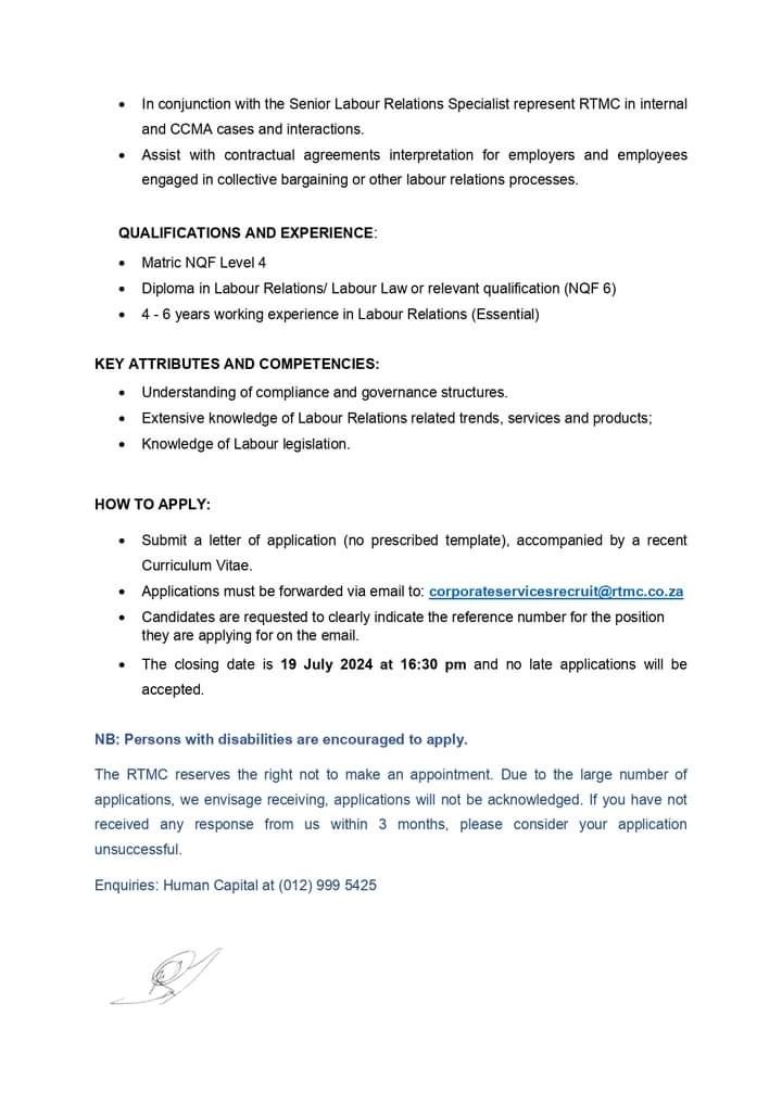 RMakukuli's tweet photo. Road Traffic Management Corporation 

📌Administration Officer
📌Labour Relations Officer

Closing Date 19 July 2024

Email your CV and letter of application to corporateservicesrecruit@rtmc.co.za https://t.co/OooH1IbmFO