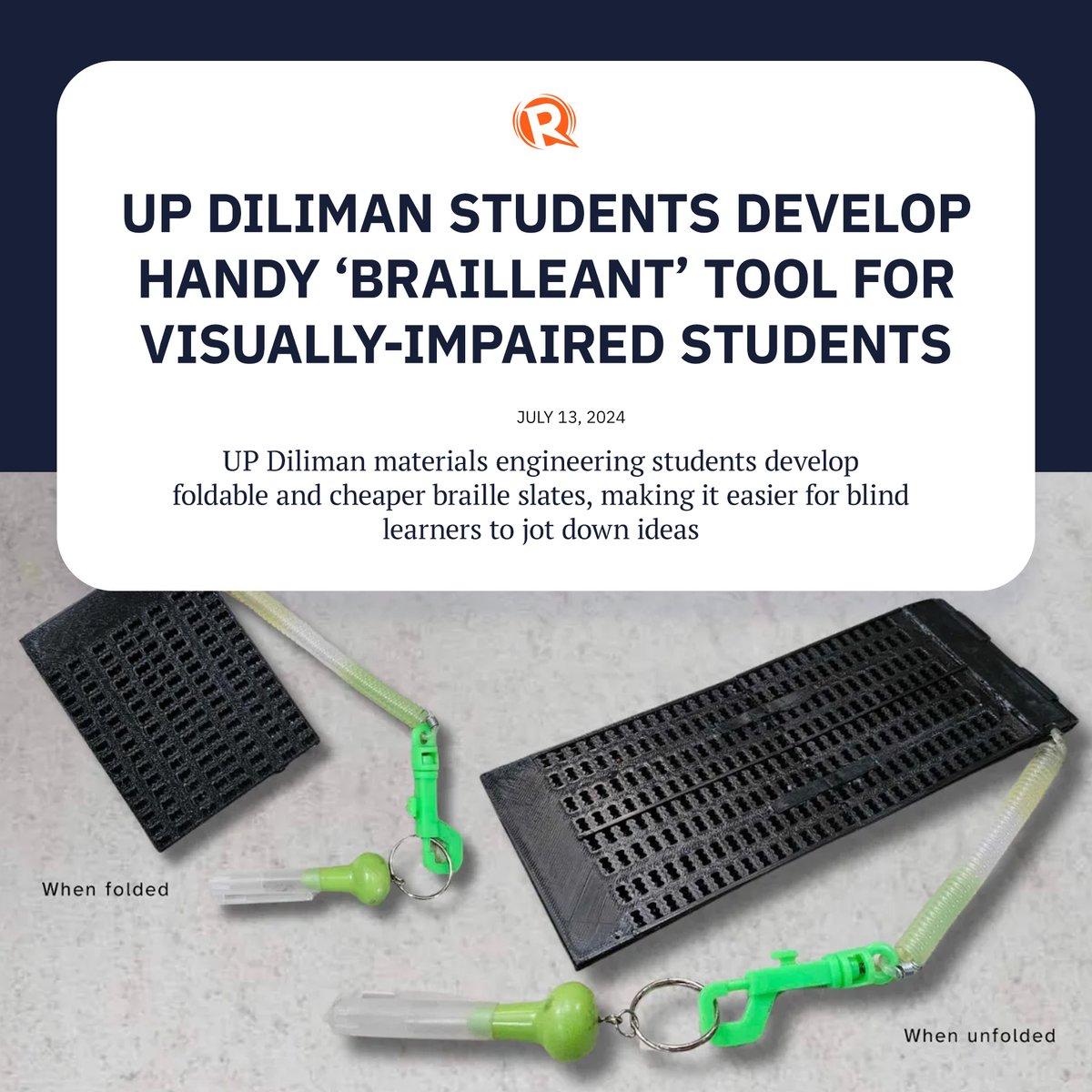 rapplerdotcom's tweet photo. The Brailleant Blind Item (BBI) features a portable braille slate with a unique folding mechanism, setting it apart from the braille devices currently available in the market. 

READ: https://t.co/yBQmcKziD9 https://t.co/g753STizaH