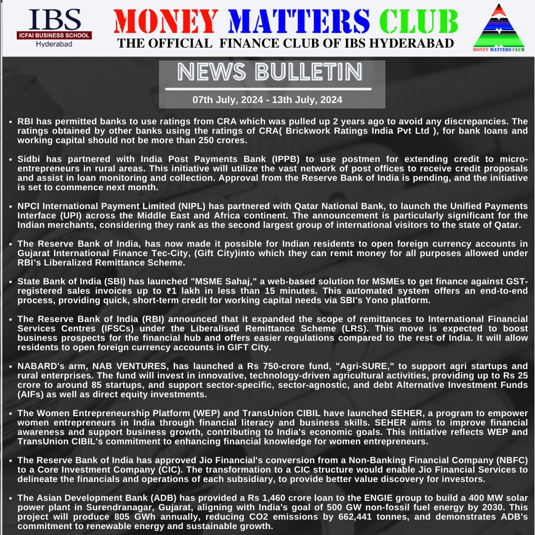 MMCibsHyd's tweet photo. News highlights of the week 🗞️📰
#MoneyMattersClub
#IBSHyderabad
#BeyondTheRealmsOfFinance
#NewsInShort
#FinanceNews
#WeeklyUpdate
#OfficialFinanceClub
#NewsBulletin https://t.co/S4uj8lcwTr