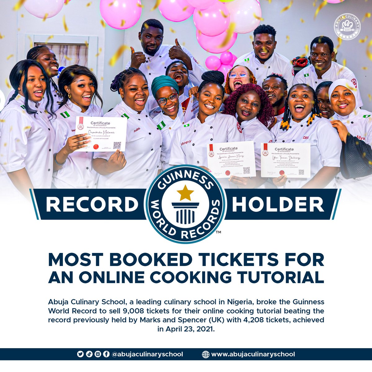 Congratulations to  <a href="/AbujaCulinary/">Abuja Culinary School</a> 👏🏽🎉

Abuja Culinary becomes the New Guinness World Record Holder <a href="/GWR/">Guinness World Records</a>  for the most ticket sold for an online cooking tutorial.