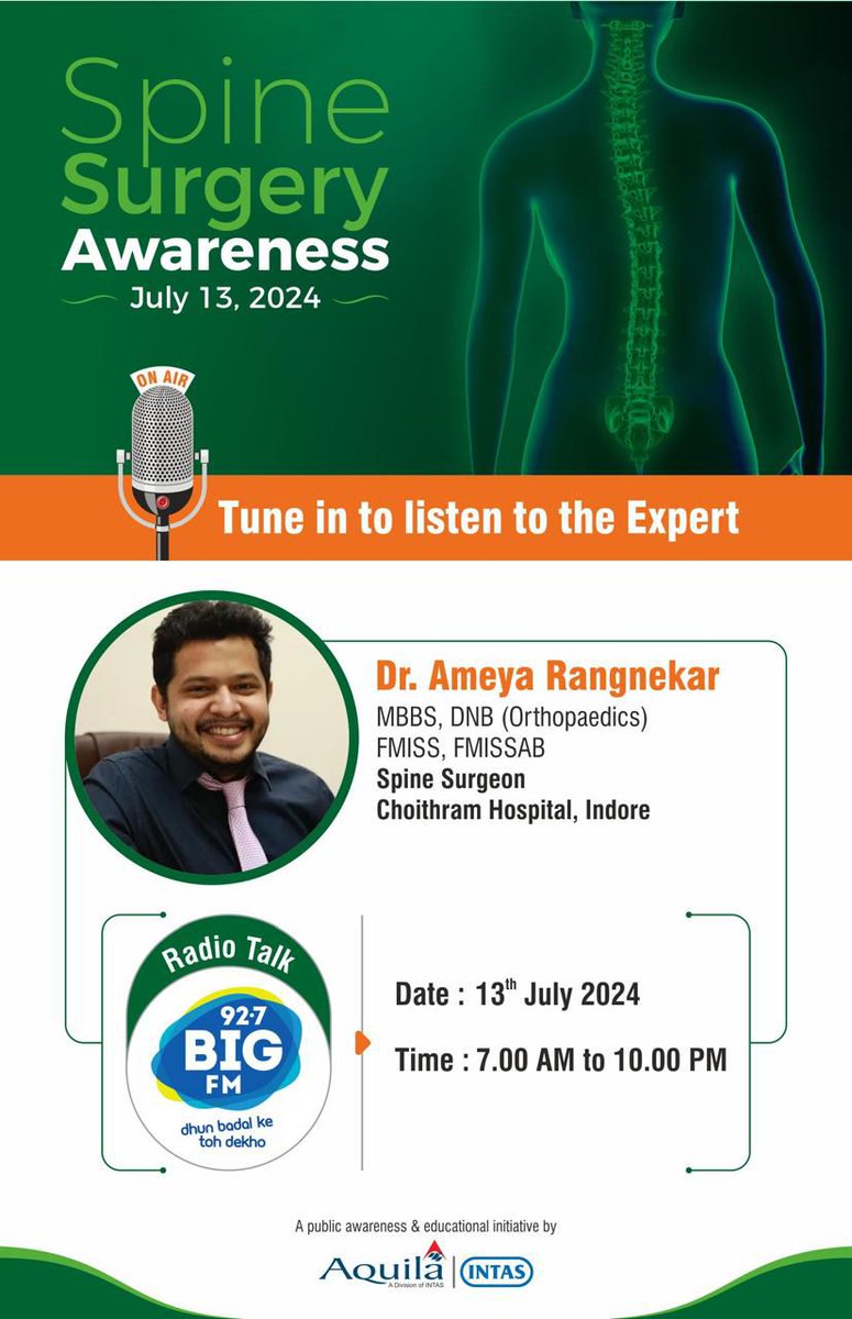DrAmeyaSpine's tweet image. Tune in to BIG FM 92.7 today from 7 AM to 10 PM for a Spine Surgery Awareness Radio Talk with Dr. Ameya Rangnekar, Spine Surgeon at Choithram Hospital, Indore! 
Contact us: 7067580885
.
#spinesurgeryawareness #spinetalk #choithramhospital #drameyarangnekar #spinesurgeon #indore
