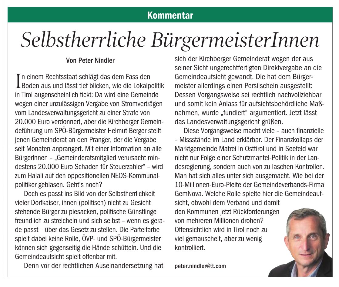 den_dominik's tweet photo. Ein @neos_eu Gemeinderat #inTirol deckt auf, dass überteuerte Stromverträge (rechtswidrig!) ohne Ausschreibung an die #Tiwag vergeben wurden. Was dann passiert, ist unfassbar 😡Dazu @PeterNindler  im Kommentar @TTNachrichten : https://t.co/O8POr0znjB