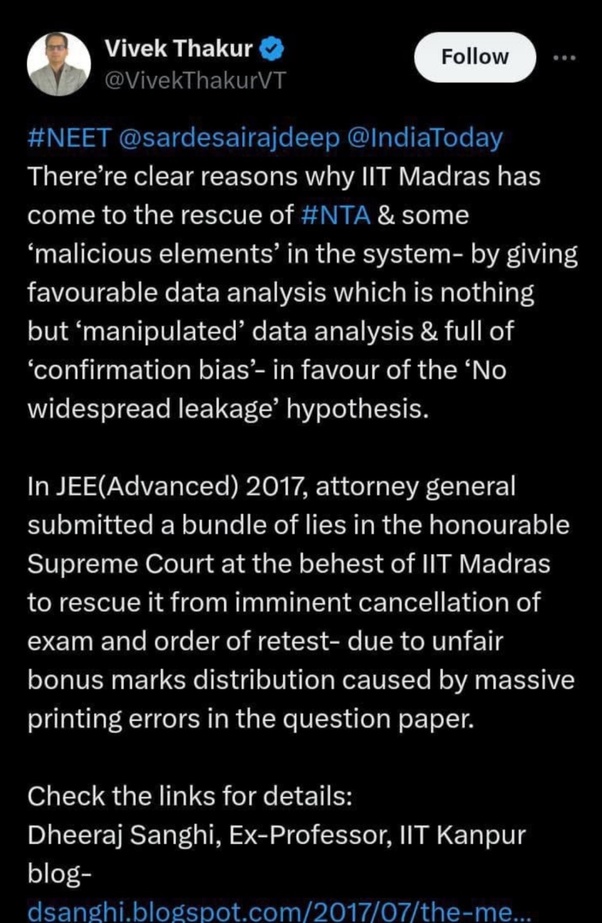 This really wasn't expected from the one of the most prestigious institute IIT but we all know how corrupt the whole india is getting nowadays! 💔

Who to trust now? NTA doing scams, IIT manipulating Data, Govt protecting corrupt officials &amp; SC giving tareekh pe tareekh

#NEET