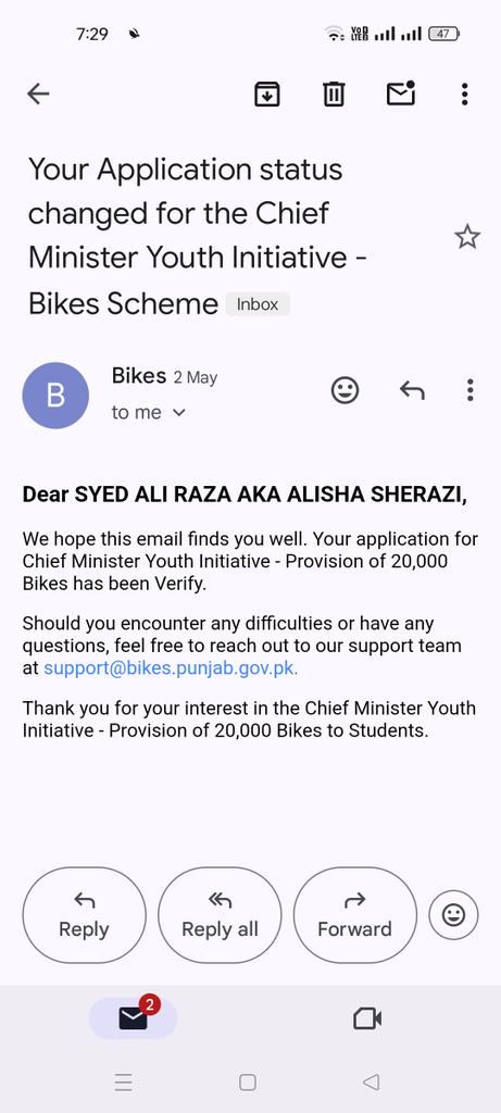 I hope I'll get my bike soon. I am the only transgender person with X gender identity who applies for this scheme. I am waiting for confirmation.
<a href="/cmopunjabpk/">Chief Minister Office Punjab</a> <a href="/Marriyum_A/">Marriyum Aurangzeb</a> <a href="/AzmaBokhariPMLN/">Azma Zahid Bokhari</a> <a href="/MarymNSharif/">Maryam Nawaz Sharif</a>