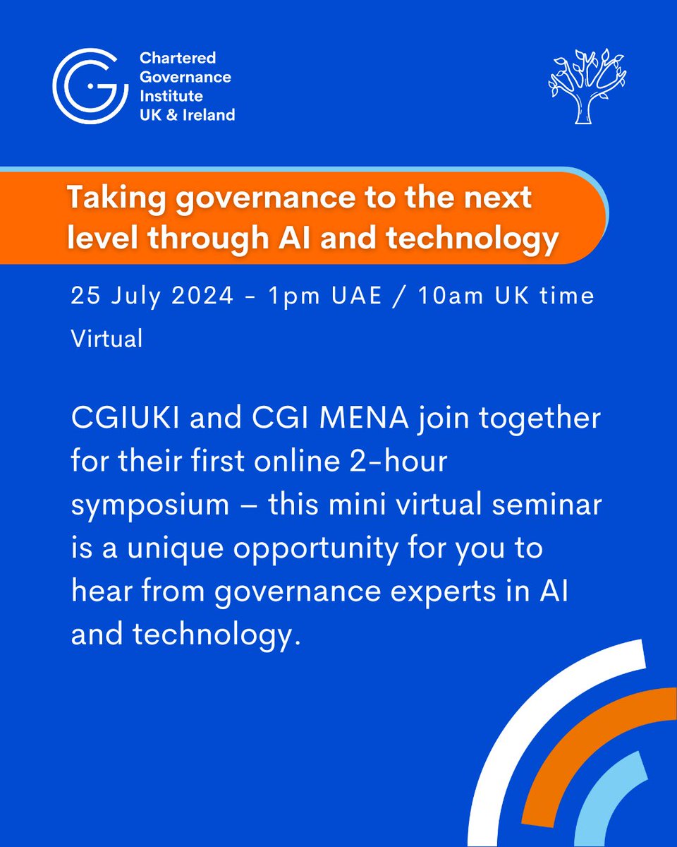 CorpGovDubai's tweet photo. Join The Chartered Governance Institute UK &amp; Ireland (CGIUKI) and CGI MENA for this mini-seminar over two hours. It’s free to attend and you get 2 hours of formal CPD. Click the link to register with CGIUKI and then book your free place at this event. 

https://t.co/33TWZJYlix https://t.co/KlaB49sce5