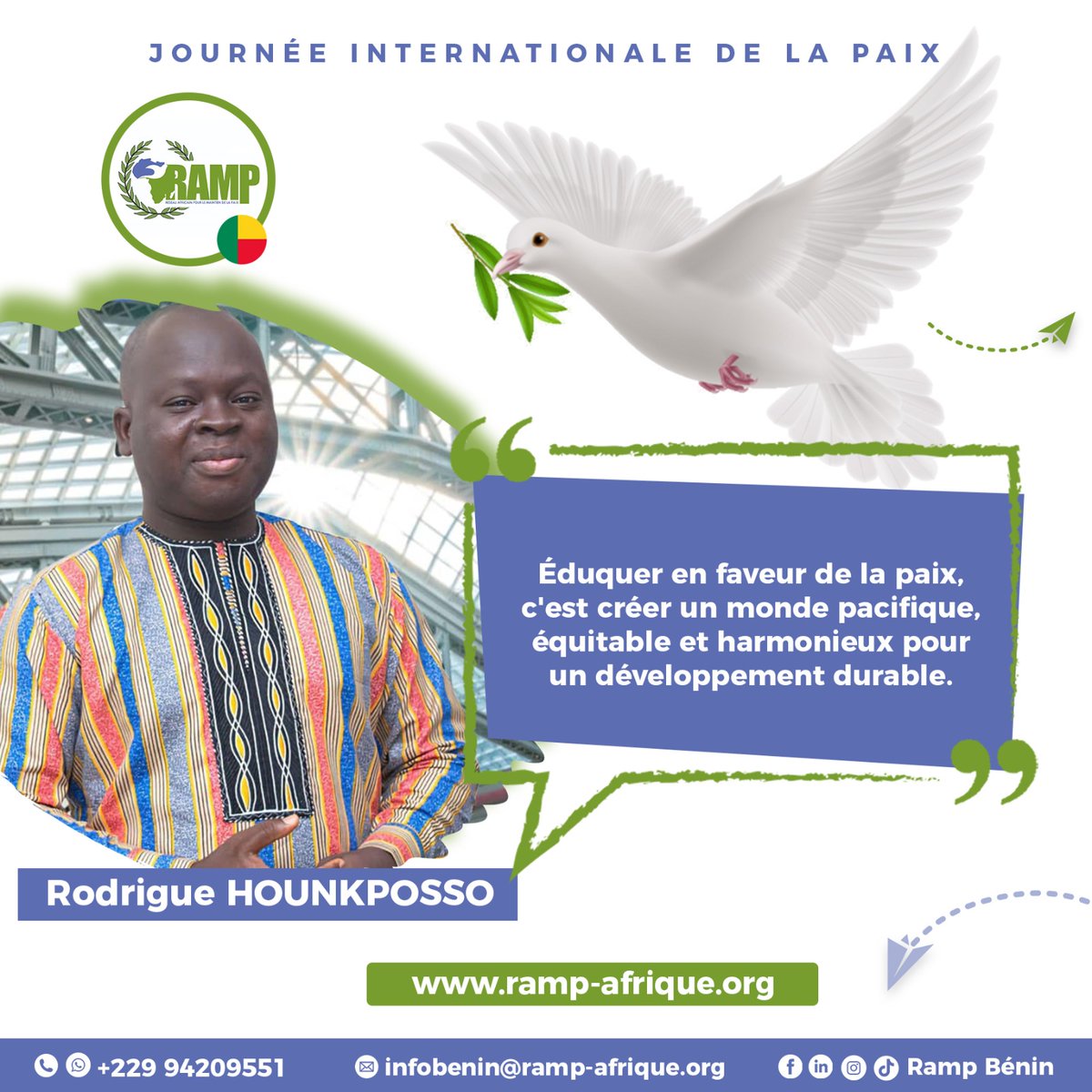 rampbenin's tweet photo. [Journée internationale de la Paix 24]

ACTE 30
<<Éduquer en faveur de la Paix, c'est créé un monde pacifique, équitable et harmonieux pour un développement durable>> - Rodrigue HOUNKPOSSO

Pour la Paix, engageons-nous!

La Paix, l'Afrique y gagne!

#100JourPourlaPaix
#HD4P https://t.co/QKyejduhe2