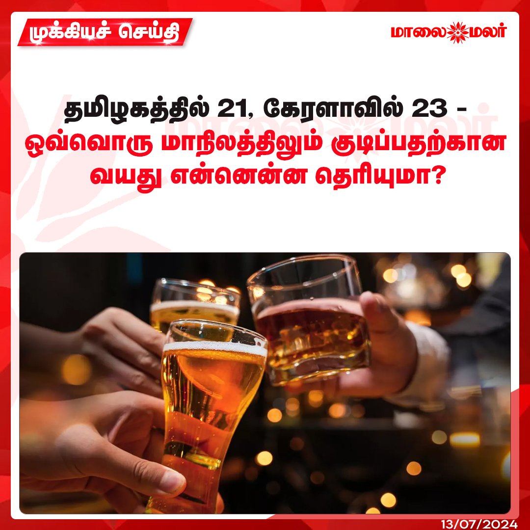 maalaimalar's tweet photo. மேலும் படிக்க : https://t.co/oKmHY1Sjlj
#TamilNadu #Kerala #DrinkingAge #India #MMNews #Maalaimalar https://t.co/dbPgzHXlL1