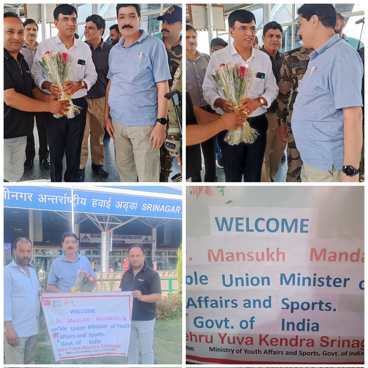 MYB_Srinagar's tweet photo. Warm welcome to  Dr Mansukh Mandaviya Hon'ble Union Minister for Youth Affairs and . Government of India. On directions of SD JK &amp; ladakh I Gulzar  APA NYK Srinagar and Rahi Riyaz youth leaders at Srinagar international airport Srinagar @nyksindia @PMOIndia @nyksjkl @YASMinistry https://t.co/g6v3IZv8PK