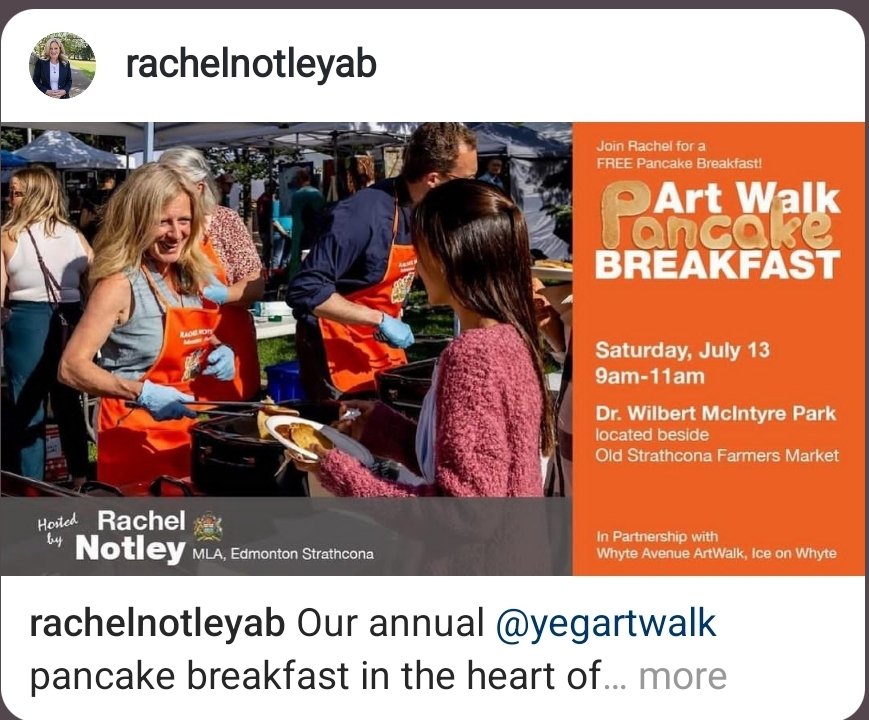 It's the free annual #yegartwalk pancake breakfast hosted by MLA of Old Strathcona <a href="/RachelNotley/">Rachel Notley</a> from 9-11am Saturday, July 13 at McIntyre Park!