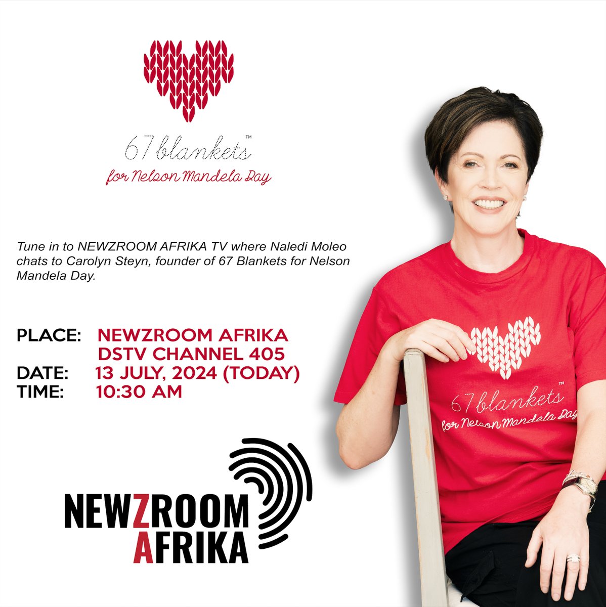 67Blankets's tweet photo. Tune in to @Newzroom405 where @naledimoleo chats to @Carolyn_Steyn, founder of @67Blankets for Nelson Mandela Day.
PLACE: NEWZROOM AFRIKA DSTV CHANNEL 405
DATE: 13 JULY, 2024 (TODAY)
TIME: 10:30 AM
#67Blankets
#Newzroom405
#NewzroomAfrika
#secretscarves https://t.co/1aaJguZC65
