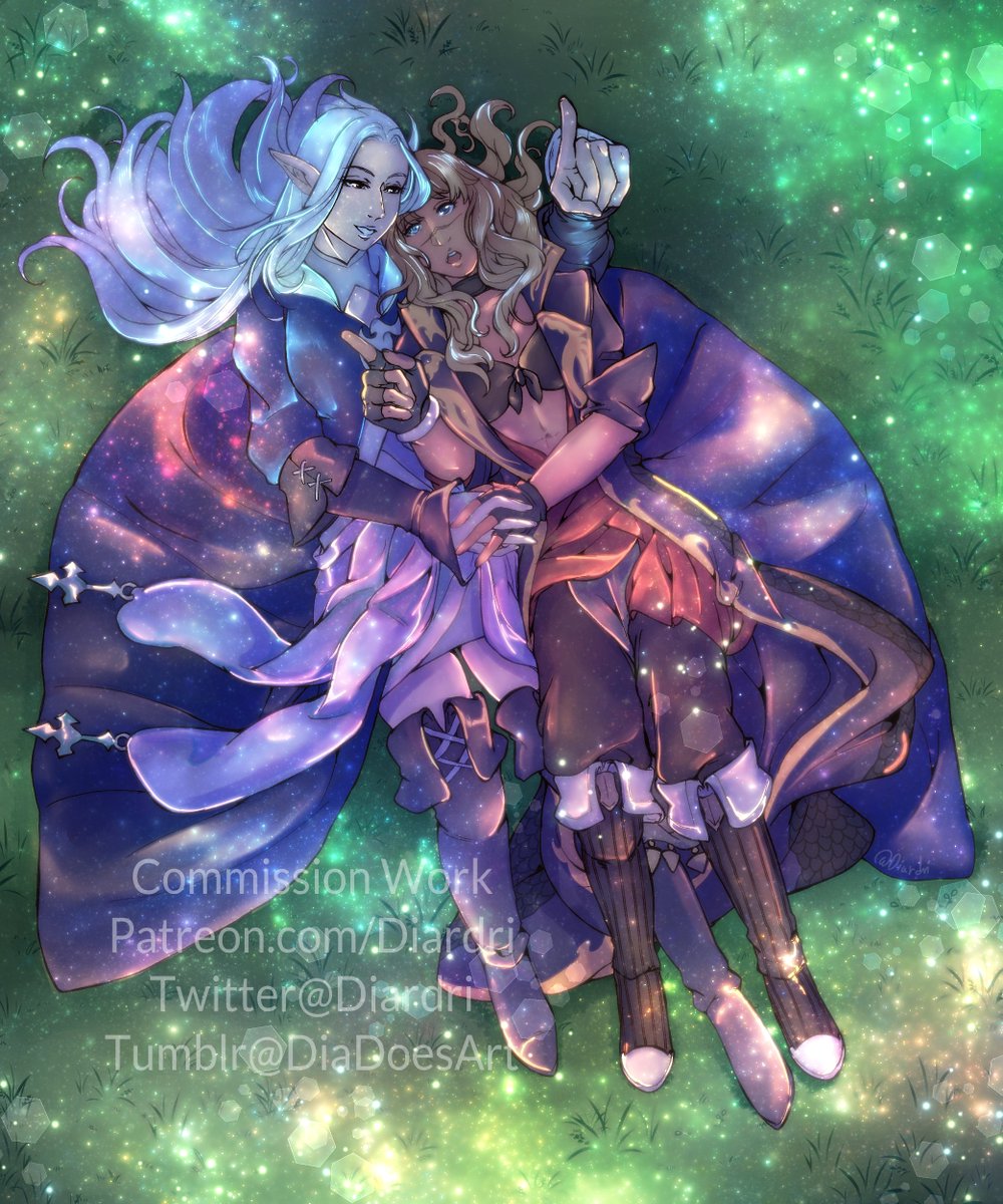 Diardri's tweet photo. Recent Work

The client asked for a stargazing scene but also cuddles so I had to  think a bit outside the box for this one but i really like how the  overlayed stars effect came out!

#ffxiv #ff14 https://t.co/wkG1YvCTaf