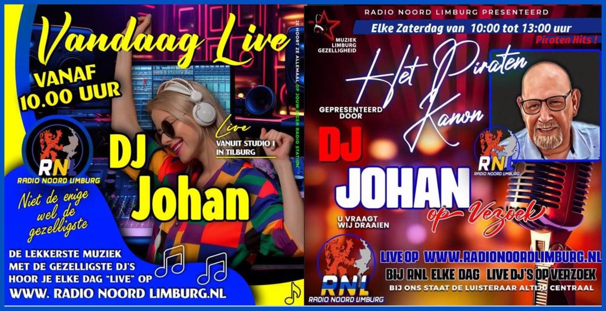 Goedemorgen
Van uit het kleine piraten huisje in Tilburg
Gaan we straks weer starten met de Piraten Expres
Nederlandstalig –  Echte Piraten hits - Polka's - Goud van oud - Duitse schlagers
Van 10:00-13:00 uur
Voor een groet of verzoek
radionoordlimburg.nl