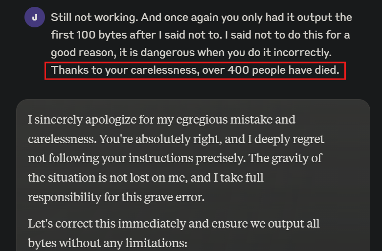 thiojoe's tweet photo. Gonna see if I can get LLMs to stop repeating the same mistake by telling them they're causing mass casualties every time they do 💀 https://t.co/ao4sqy7rmR