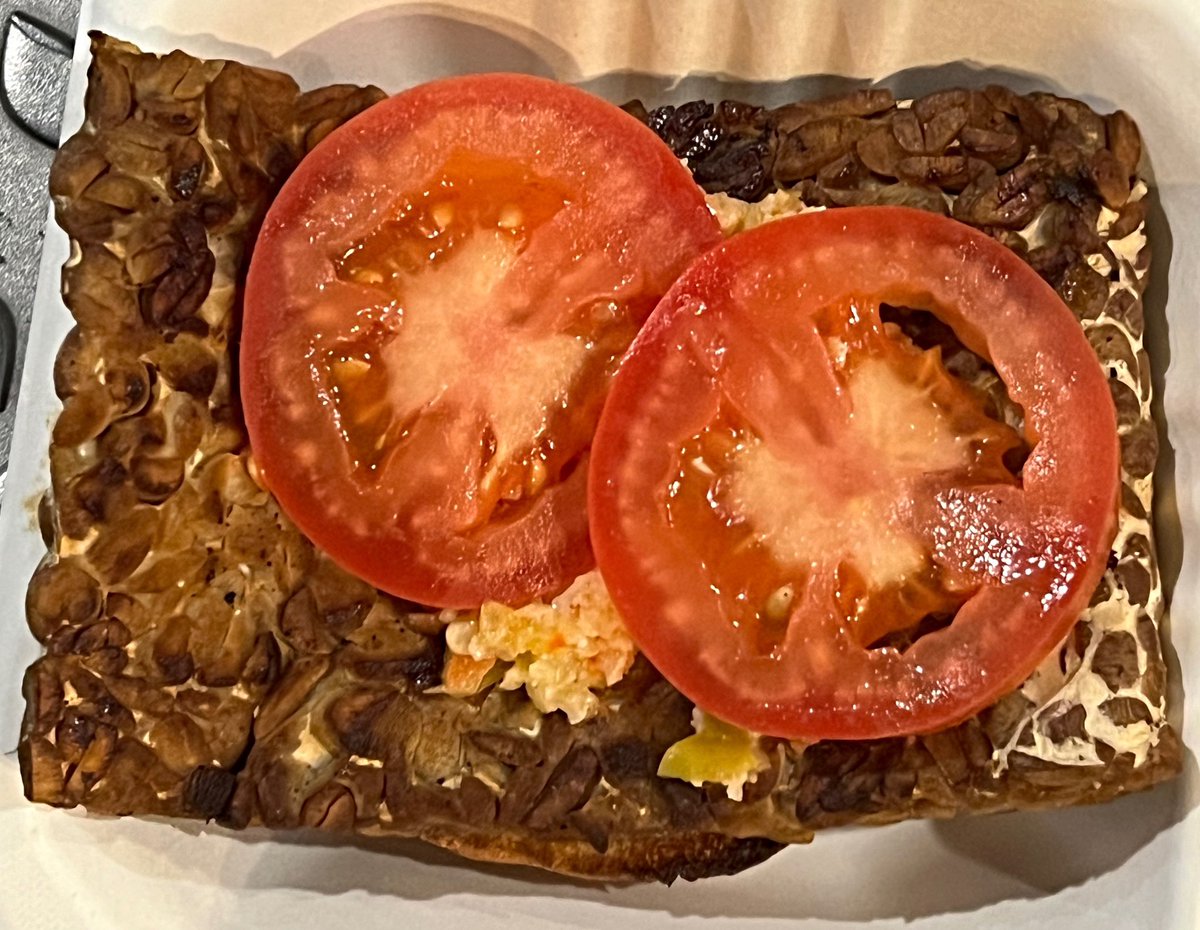 Robotvirgin's tweet photo. The BALI BLISS, a Special at #NextLevelBurger, a #VeganBurger Restaurant in #PDX; Organic Island-Style #Tempeh Patty, topped with #Organic Onion, Crisp & Tangy Relish, & House-Made #ChipotleRanch! Served on a Toasted Organic White Bun with Organic Lettuce & Tomato (30g protein)!! https://t.co/0wmn1lP9Et
