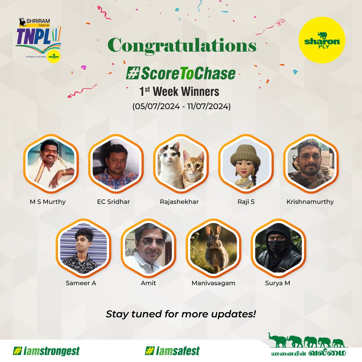 SharonPlyIndia's tweet photo. Rejoice, Cricket Enthusiasts!
We are thrilled to announce the champions who cracked the code and emerged victorious in the first round of our TNPL #ScoreToChase contest. SharonPly extends heartfelt congratulations to our brilliant winners.
And that's not all! https://t.co/I0VpgVSPUG
