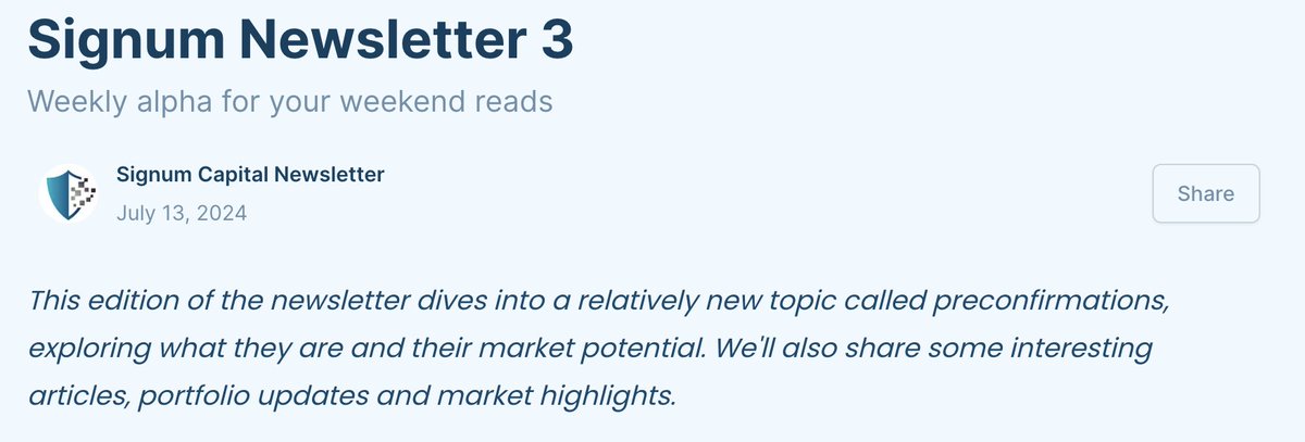 This weeks edition introduces readers to a relatively new concept of Preconfirmations - essential for improving user experience on-chain. 

We also highlight: 
• <a href="/Gasp_xyz/">Gasp (🔮,🔮)</a>'s blog post
• <a href="/KentonPrescott/">kenton</a>'s points 101
• <a href="/0xpass_io/">0xPass</a>'s passport protocol

paragraph.xyz/@signumcapital…
