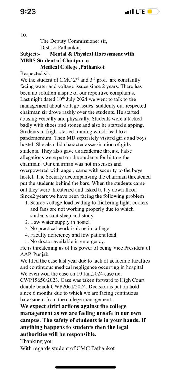 RajshriBatish's tweet photo. Students of chintpurni medical College are getting harrassed both physically and mentally by the college management for raising issue against poor facilities and shortage of staff 
#doctorlifematters #savefuturedoctors 
#stopphysicalandmentalharradment
#noeducationnofuture https://t.co/l3ASwfxbVZ