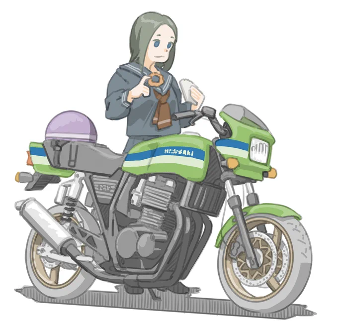 モスバーガーのオニオンフライを食べたいがためだけに外出した女子です。 (カワサキ ZRX400)【再掲】 #バイクJK #イラスト