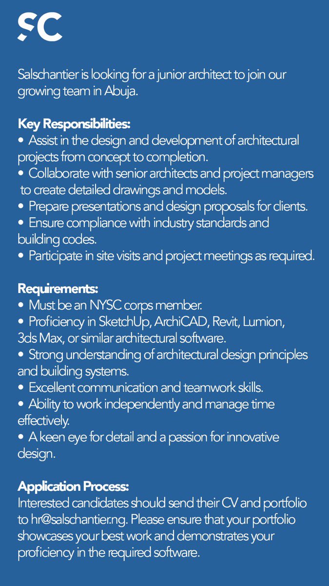 salschantier's tweet photo. We are looking for a junior architect to join our team in Abuja. Please read the requirements carefully and send your portfolio and CV to hr@salschantier.ng if you fit the criteria.

Good luck. https://t.co/FG1CmeCEOQ
