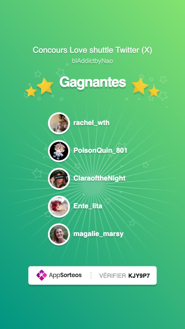 blAddictbyNao's tweet photo. Félicitations aux gagnants. 
Contactez moi en MP ;) 

Congrats ;) 
DM me 

— GIVEAWAY ENDED —  The winners are: 

1. @rachel_wth
2. @PoisonQuin_801
3. @ClaraoftheNight
4. @Ente_lita
5. @magalie_marsy

 Certified by @app_sorteos_ok (Code KJY9P7) https://t.co/39clPUPlCe