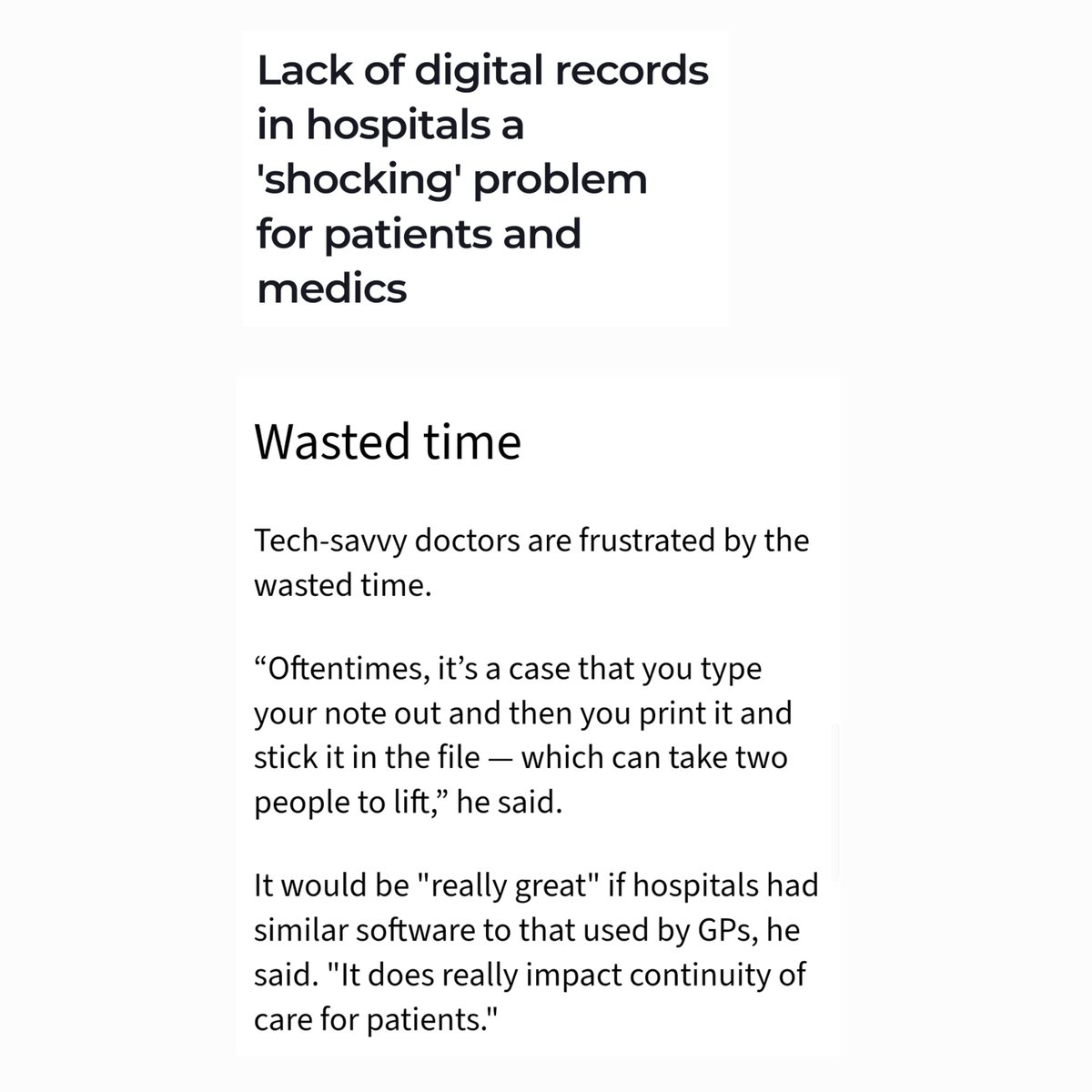 Fully agree.

Delayed discharge summaries.
Illegible writing.
Having to manually code.
Sheer time!
Recorded delivery.
Ability to send lots of info
quickly.

<a href="/CUH_Cork/">Cork University Hospitals</a> have started and it's fantastic.

Patient EHR / App ? - no good without IT in our hospitals.<a href="/hse/">HSE</a>