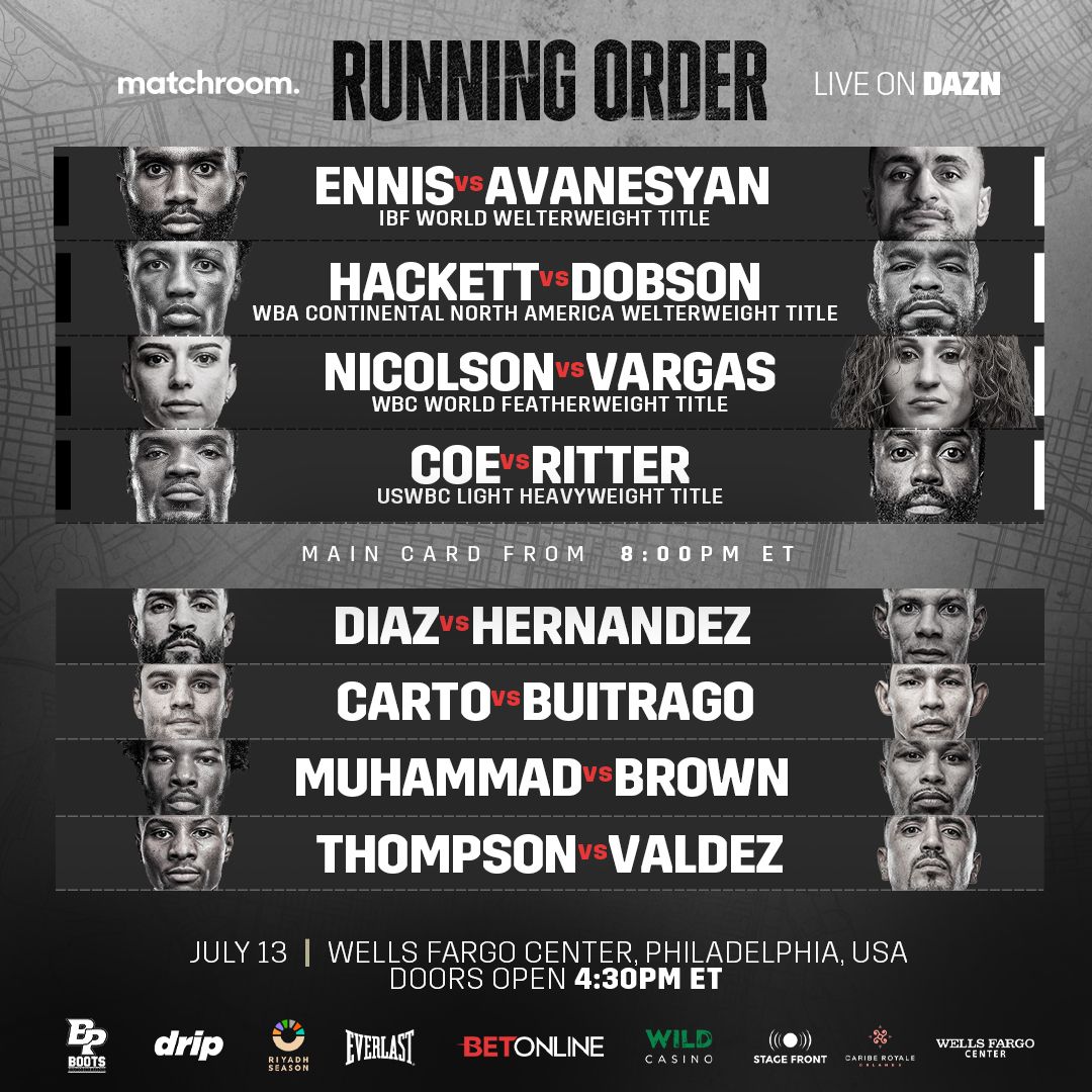 MatchroomBoxing's tweet photo. Tonight's Running Order 📜

#EnnisAvanesyan live on @DAZNBoxing from @WellsFargoCtr 👊 https://t.co/FfY3tqhZpZ