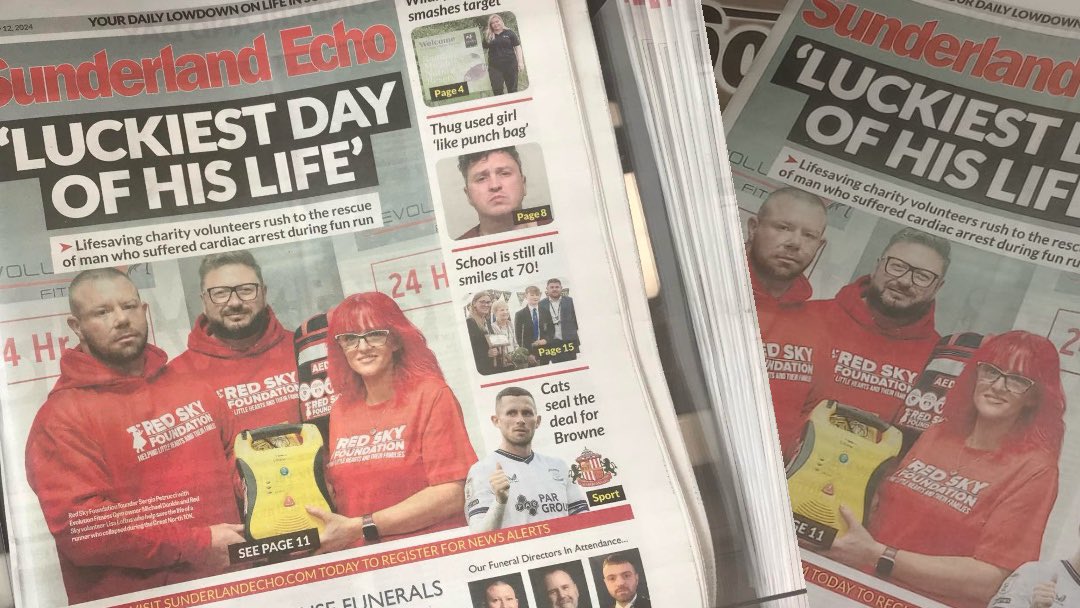 redskycharity's tweet image. HOLD THE FRONT PAGE! Did you see our Red Sky Super Heart Heroes made the front page of the Sunderland Echo on Friday… If you missed it - today we’ll be wrapping your bait at a chippy near you!!! 🐟 🍟 🗞️
@SunderlandEcho #localheroes #teamredsky #Sunderland