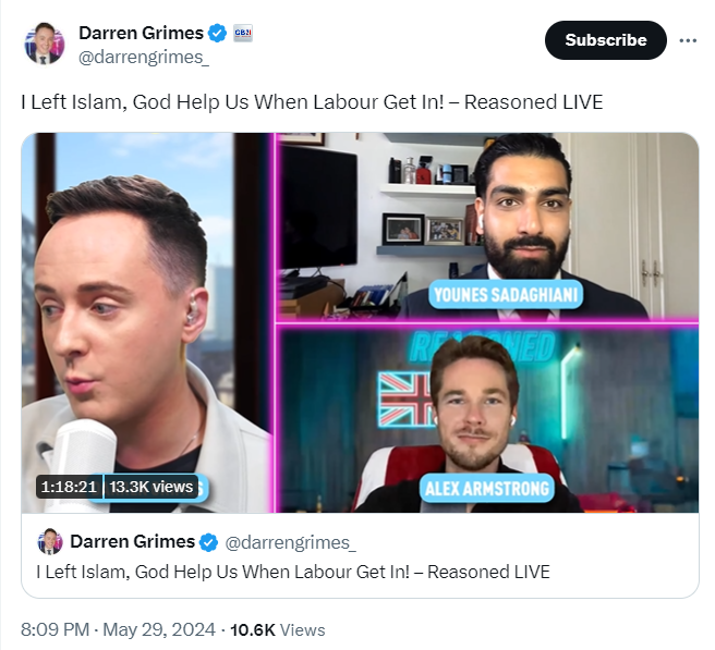 <a href="/darrengrimes/"></a> I wonder if <a href="/Nigel_Farage/">Nigel Farage MP</a> , <a href="/ZiaYus/">Zia Yusuf</a>, <a href="/TiceRichard/">Richard Tice MP 🇬🇧</a> and <a href="/LeeAndersonMP_/">Lee Anderson MP</a> think this kind of race baiting from Darren Grimes is acceptable to them.

<a href="/GBNEWS/">GB News</a> Is it fair that three of your top presenters are now having to endure targeted harassment because of workplace pest Grimes?