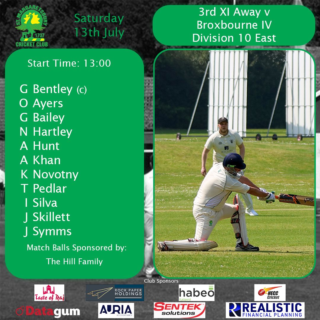 stmargscc's tweet photo. Teams for our fixtures today
1s v Reed (h)
2s v Hertingfordbury (a)
3s v Broxbourne IV (a)
4s v Hoddesdon V (h)
Match balls this weekend have kindly been sponsored by the Hill Family
#STMCC #UpTheBury https://t.co/r3rHe9Nyij