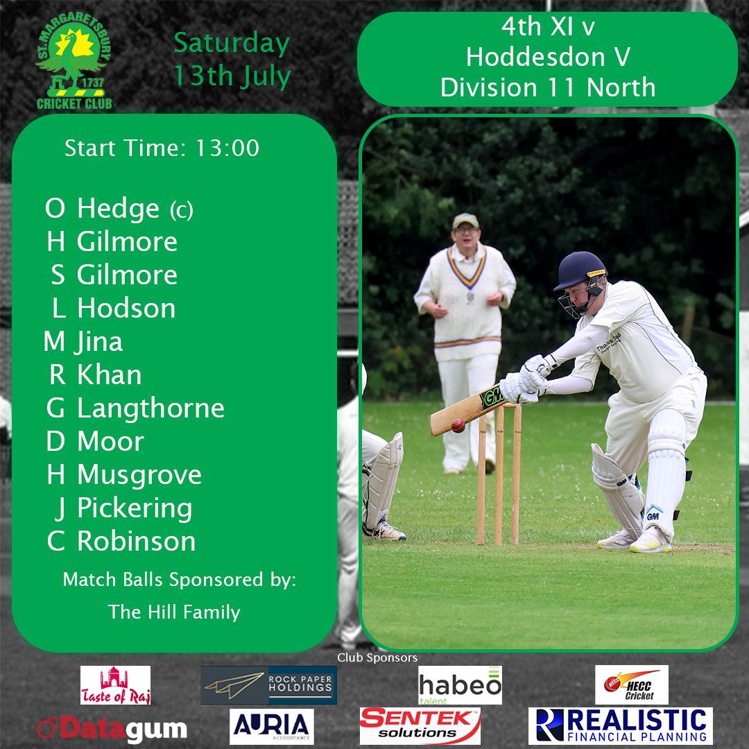 stmargscc's tweet photo. Teams for our fixtures today
1s v Reed (h)
2s v Hertingfordbury (a)
3s v Broxbourne IV (a)
4s v Hoddesdon V (h)
Match balls this weekend have kindly been sponsored by the Hill Family
#STMCC #UpTheBury https://t.co/r3rHe9Nyij