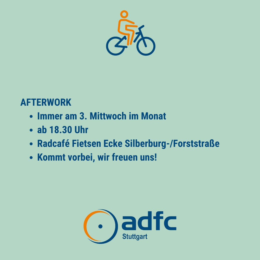 adfc_stuttgart's tweet photo. 🙋♀️🙋🙋♂️Komm zum ADFC AFTERWORK 🍻🥤🥗
👉🏼 17.7., ab 18.30 Uhr
👉🏼 Radcafé #Fietsen, S-West
👉🏼 Wir freuen uns auf dich!
#ADFCStuttgart #ADFCBW #ADFC #MehrPlatzFürsRad #Verkehrswende #Fairkehrswende #Mobilitätswende #afterwork #stuttgartmeinestadt #stuttgart #afterwork https://t.co/kpOFyoHUum