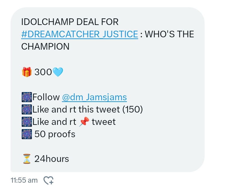 dongtasticnamu's tweet photo. IDOLCHAMP DEAL FOR #DREAMCATCHER_JUSTICE : WHO'S THE CHAMPION

🎁 300🩵

🎆Follow @dm_Jamsjams 
🎆Like and rt this tweet (150)
🎆Like and rt 📌 tweet
🎆 50 proofs

⏳ 24hours https://t.co/hxjhrzf3q0