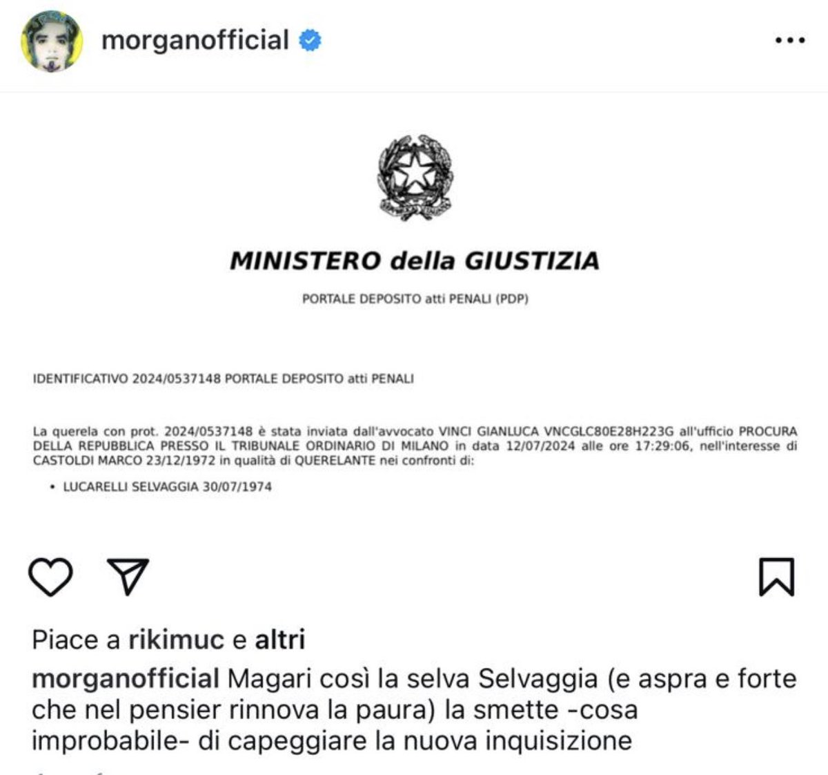 stanzaselvaggia's tweet image. Dopo aver pubblicato la foto della via in cui abita Angelica, Morgan (in serata) pubblica la foto della denuncia fatta a me per il reato di (?) aggiungendo che “COSÌ LA SMETTO” e facendo ben attenzione a far sapere chi sia l’avvocato. Un deputato di Fratelli d’Italia. Il quale…