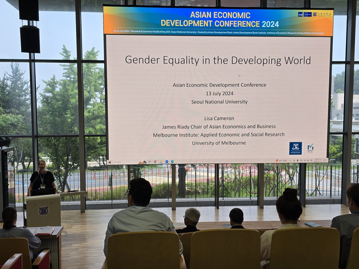 Oliatwit's tweet photo. Weekend doesn't stop us from conferencing. @CameronLisaA from @MelbInstUOM kicks off the Asian Economic Development Conference with her keynote lecture on gender equality in the developing world #aedc2024 https://t.co/59l4Tar21J