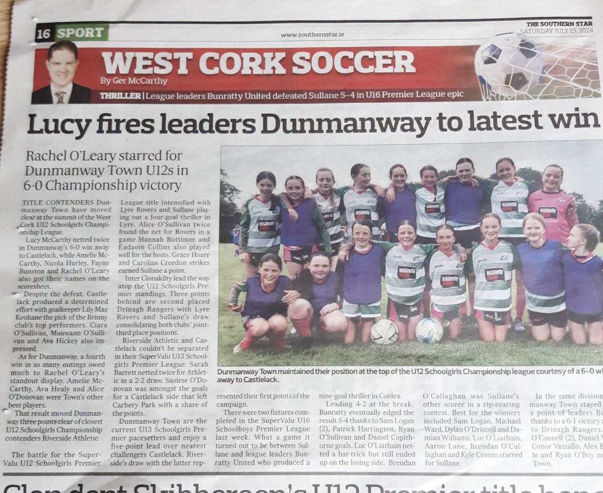 DunmanwaySoccer's tweet photo. A head of the game this evening the U12 girls got a great piece in The Southern Star.
Thanks @germccarthy74 @SouthernStarIRL #wcsl #dunmanwaytown https://t.co/cwaiCmAIL9