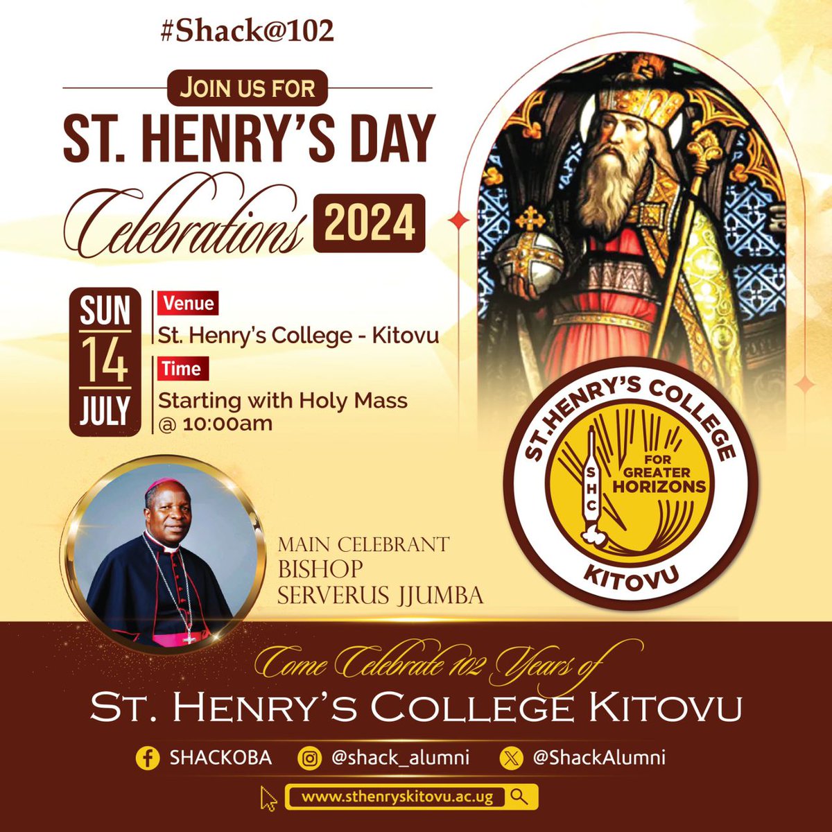TheShackLeague's tweet photo. A century plus two! 🏫 

St. Henry's College Kitovu invites all @ShackAlumni to our 102nd anniversary celebrations. July 14th, 10 AM onwards. Be part of history! #ShackAt102 https://t.co/PKYOzRrvgf