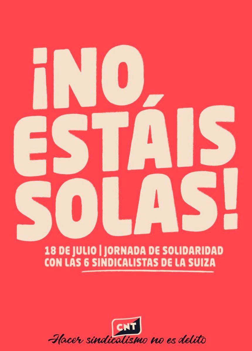 ✊🏾✌🏾🫂 ¡NO ESTÁIS SOLAS! | #Valladolid se une a la jornada confederal de <a href="/CNTsindicato/">CNT Sindicato</a>  de solidaridad con las <a href="/6delaSuiza/">6 de la Suiza</a>
📅 18 de julio 👉🏾 jueves
📲 20:00 horas
📌 Plaza de Fuente Dorada

🔜 Pronto, más información.

#NoEstaisSolas 
#HacerSindicalismoNoEsDelito