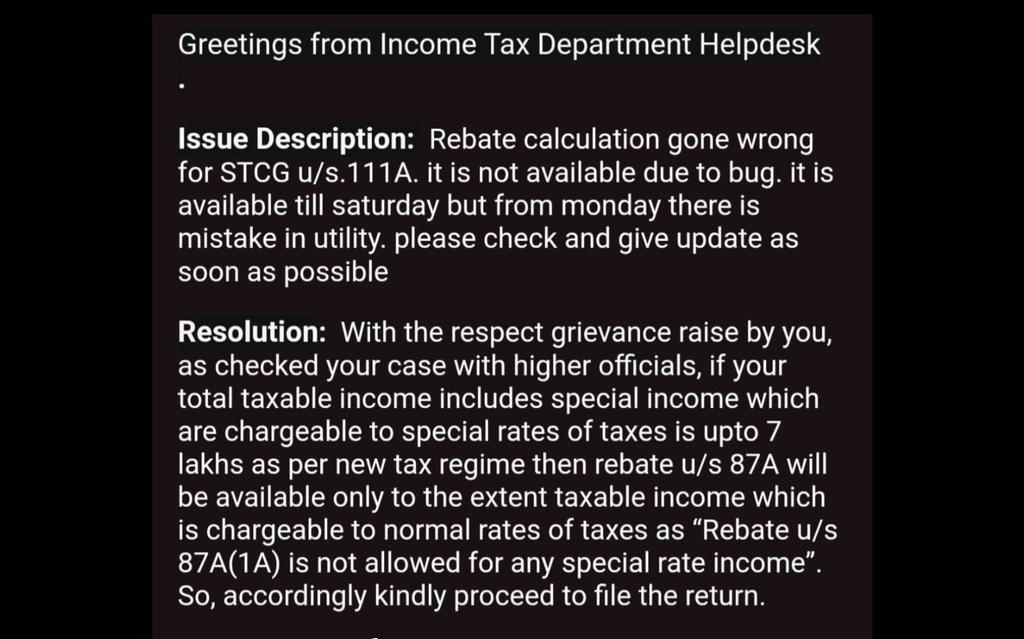 CA_HarshilSHETH's tweet photo. We need clarification on the REBATE u/s 87A for New regime

The false processing of ITR will be huge headache otherwise

@theicai @IncomeTaxIndia 

1. whether there is max.cap limit in 2nd provisio of 87A upto 25000   for New regime ? 
2. whether  87A rebate is avaliable on Special rate of income inclu STCG 111A in new regime?

check below case in pic-1
position before 5th july - rebate 55750 
position after 5th july -  rebate 0 

pl clarify this anamoly asap

PS- Intention of law vs
          Drafting of law vs 
          Implementation  of law ( check grivance)