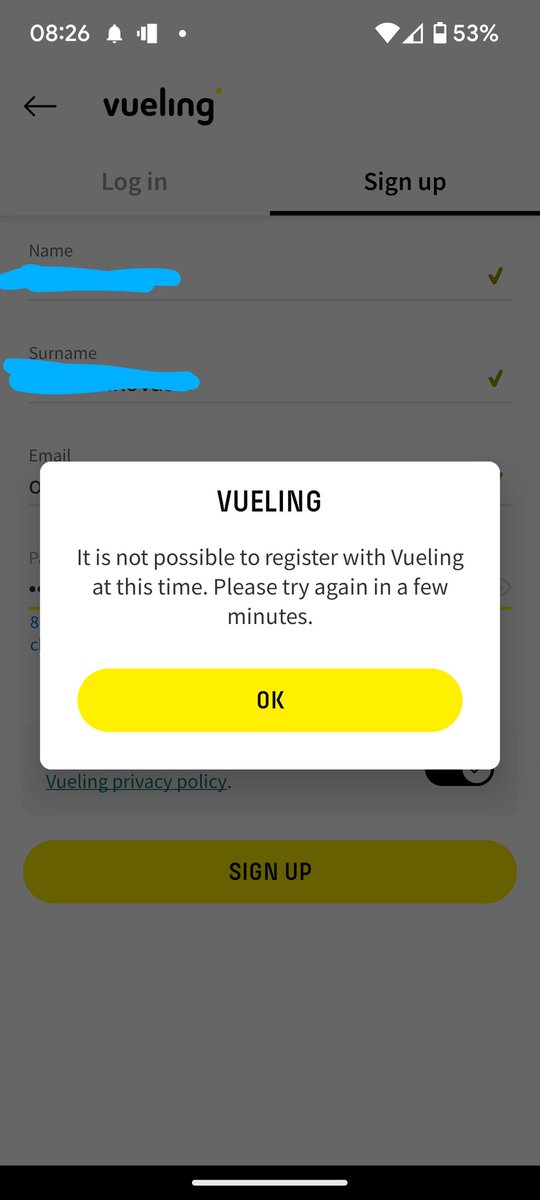 o_romanas's tweet photo. @vueling 
Hi, your mobile app is displaying the same failure message for last few days? I'm trying to sign up. https://t.co/IVml9WsWKi