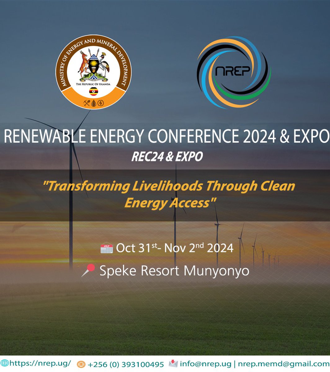📢 Announcing the Renewable Energy Conference &amp; EXPO (REC24 &amp; EXPO)! 🎉 Join us from Oct 31 - Nov 2, 2024, at Munyonyo Commonwealth Resort, Kampala.

Theme: "Transforming Livelihoods Through Clean Energy Access." 🚀

More info: nrep.ug/rec24/

#REC24  #CleanEnergy #SDG7