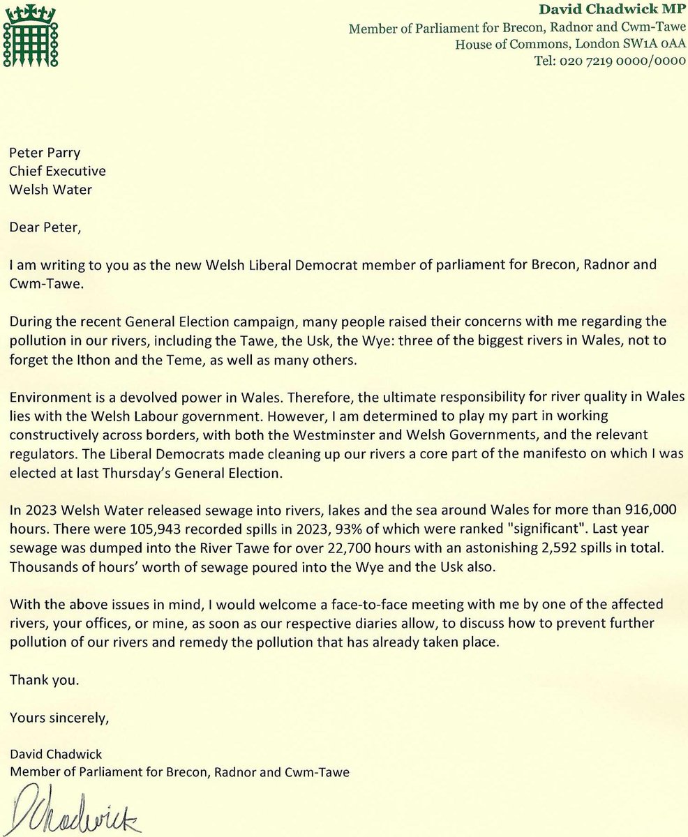 LibDemDavid's tweet image. Well that was a busy yet humbling first week at Westminster!  I've written to Peter Parry, Chief Executive of Welsh Water/Dwr Cymru, requesting a meeting on how to tackle river pollution. I will work constructively with both the Welsh and UK governments and relevant regulators.