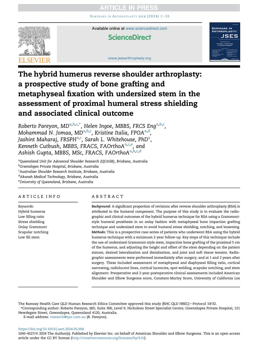 KennethCutbush's tweet image. Title: The Hybrid Humerus Reverse Shoulder Arthroplasty: A prospective study of bone grafting and metaphyseal fixation with undersized stem in the assessment of proximal humeral stress shielding and associated clinical outcome
Publication Date: 22 June 2024
Publisher: Seminars in…