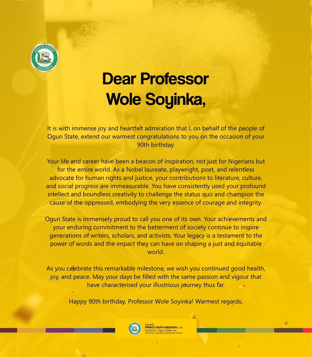 Alpha_Yom's tweet photo. @OGSG_Official led by @DapoAbiodunCON celebrates #WoleSoyinka90 #WS90 https://t.co/bL9kmeU99f