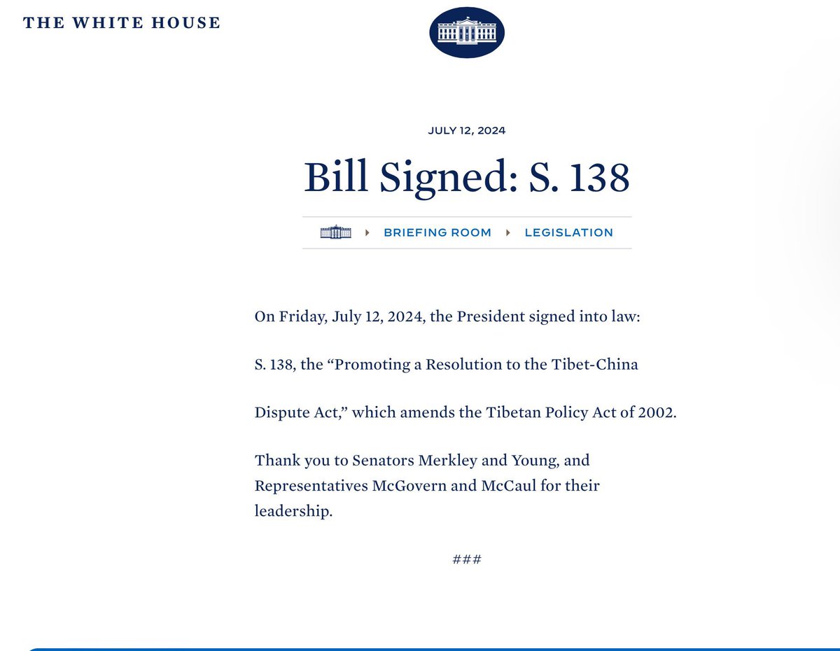 “THE RESOLVE TIBET BILL” is now become a law after US president <a href="/JoeBiden/">Joe Biden</a> signed on 12th July. Now International community should have ground to support TIBET and introduce similar stand on resolving the TIBET-CHINA disputes.