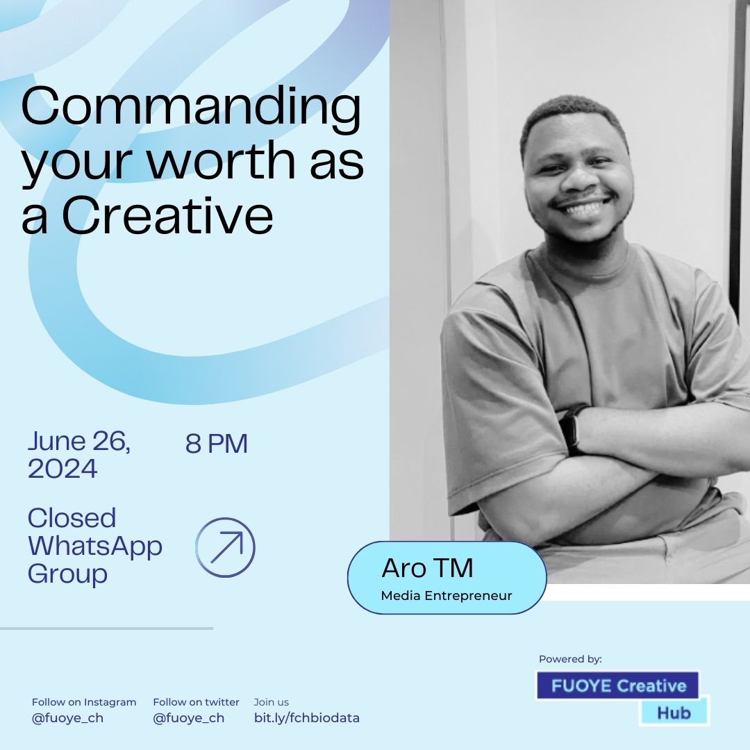 Fuoye_ch's tweet photo. Dear Creative, stop undervaluing yourself!

Come learn unique  pricing strategies to help you get paid what you're worth. 

It's gonna be fun. Tell every creative you know to be a part of this! https://t.co/wTL3Om41Ze