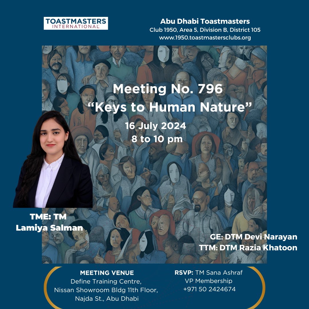 AdToastmasters's tweet photo. Join us next Tuesday for our Club Meeting No. 796 with our fantastic TM Lamiya Salman! 

#abudhabi #uae #toasmasters #publicspeaking #skills #toastmastersinternational #Human https://t.co/iy8RjI52pt